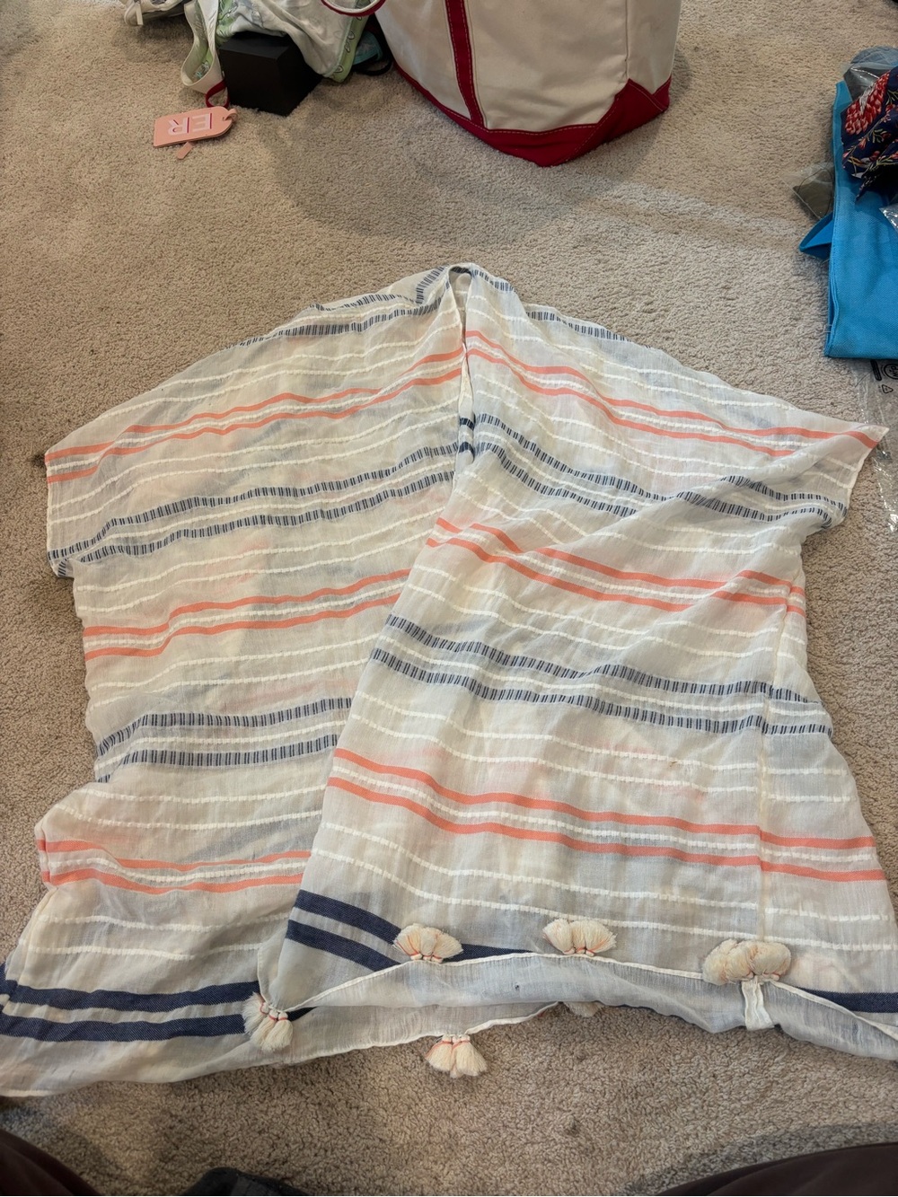 Lucky Brand White Cover-Up with Navy & Coral Stripe Accents